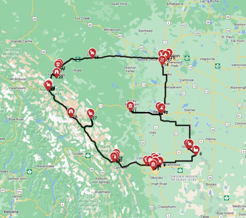 RV route planner a trip from Calgary to the Canadian Rocky's